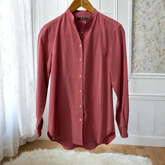 Ralph Lauren Pink Mandarin Collar Button Up Office‎ Blouse Petite Size Small - Picture 1 of 8